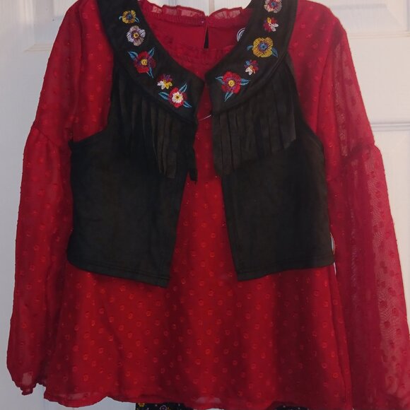 Girls Boho 3 Piece Outfit Fringed Vest, Top, Leggings 6x - Picture 4 of 5